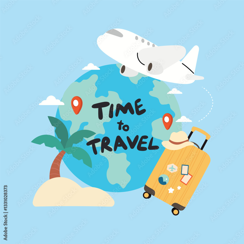 Obraz premium Travel and Happy Holiday background vector. Bag, travel accessory, touristic valise, case, airplane, world. Illustration design for poster, card ,cover, shop, ads.