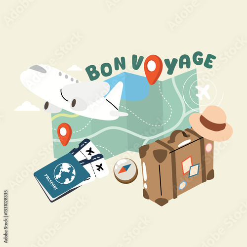 Travel and Happy Holiday vector. Hand luggage, baggage with shoes, cloth, sunglasses. Bag, travel accessory, touristic valise, case, carry-on. Illustration design for poster, card ,cover, shop, ads.
