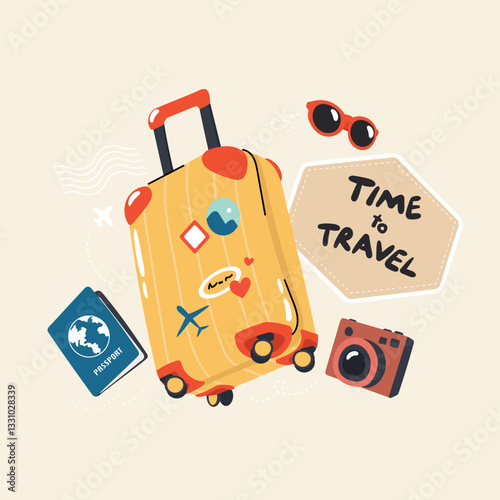 Travel and Happy Holiday background vector. Bag, travel accessory, touristic valise, case, camera, passport. Illustration design for poster, card ,cover, shop, ads.