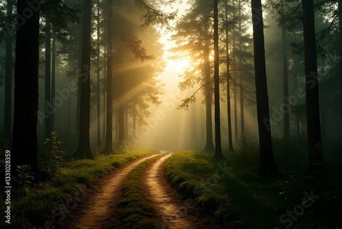 Sunrise in the misty forest with sunlight shining through the trees photo