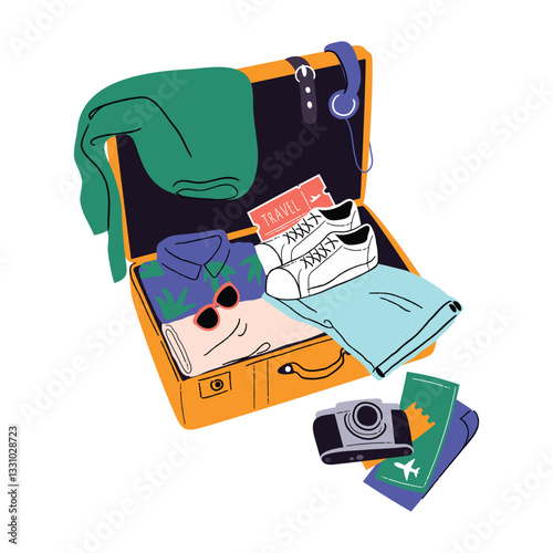Travel and Happy Holiday element vector. Hand luggage, baggage with clothes, camera, headphone, shoes, touristic valise, case, carry-on. Vacation design for poster, card ,cover, shop, ads.