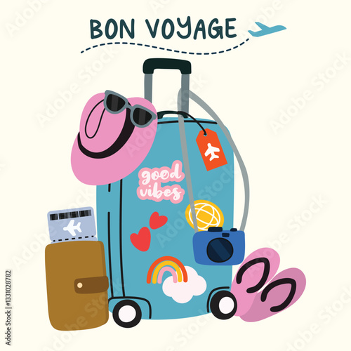 Travel and Happy Holiday background vector. Bag, travel accessory, touristic valise, case, passport, hat, camera. Illustration design for poster, card ,cover, shop, ads.