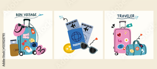 Travel and Happy Holiday background vector set. Bag, travel accessory, touristic valise, case, carry-on, passport, hat, camera, ticket. Illustration design for poster, card ,cover, shop, ads.