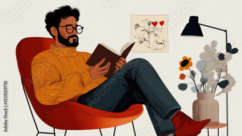 man with glasses and beard sits comfortably in red chair, reading book. He wears cozy orange sweater and dark pants. lamp and vase with flowers are nearby, creating warm, relaxed atmosphere