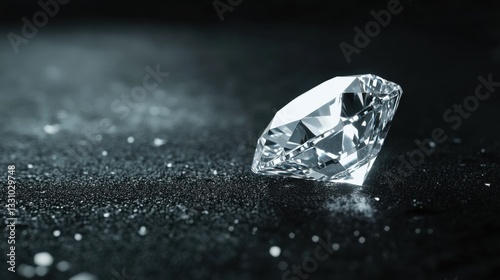 A single sparkling diamond resting on a black velvet surface, illuminated by soft lighting, with ample negative space for text.