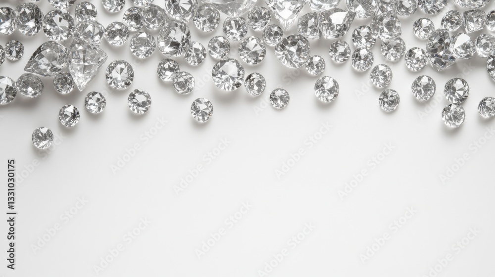 Brilliant diamonds cascading from the top of the frame onto a white surface, leaving ample copy space for advertisements. Brilliant diamonds cascading from the top of the frame onto a white surface, leaving ample copy space for advertisements.