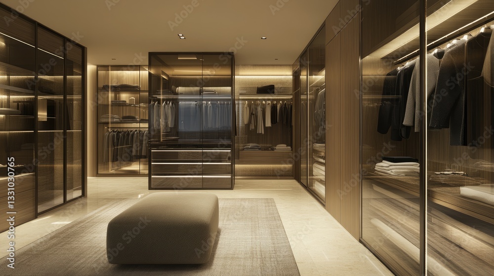 A luxurious walk-in closet with a large full-length mirror, floating glass shelves, and an elegant modern aesthetic. A luxurious walk-in closet with a large full-length mirror, floating glass shelves, and an elegant modern aesthetic.