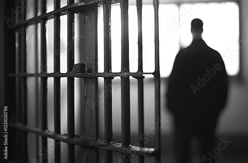 Silhouette of a Man Behind Prison Bars Looking Out a Window