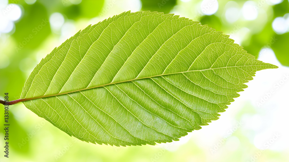 Obraz premium Vibrant green leaf close-up showcasing intricate vein detail against a soft, blurred green background; perfect for nature, ecology, and spring themes.