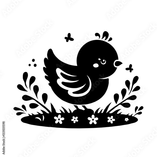 a playful Easter chick silhouette with its wings slightly spread, standing on a patch of grass with small floral accents, softly curved for a warm and charming appearance