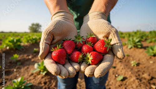 Hands holding fresh strawberries in a vibrant field, agricultural joy