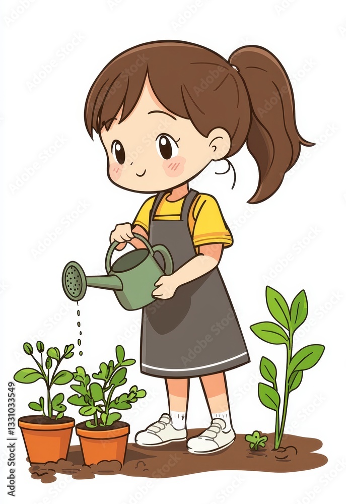 Smiling Girl Watering Potted Plants in a Whimsical Illustration Smiling Girl Watering Potted Plants in a Whimsical Illustration
