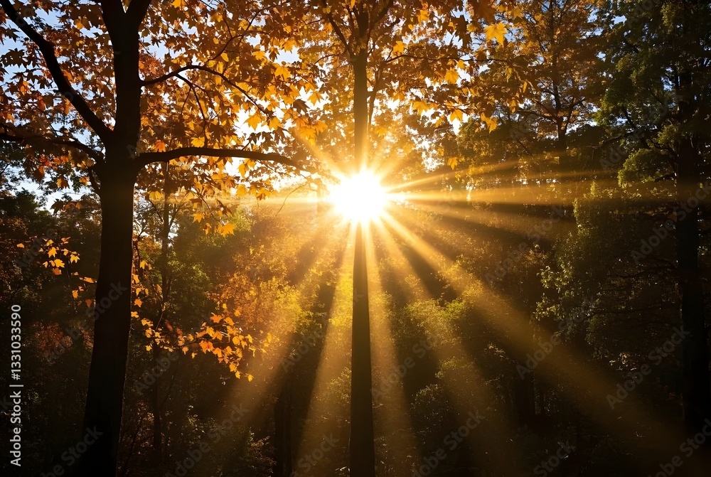Obraz premium resplendent sight of sun's golden rays piercing through a majestic tapestry of autumnal foliage, casting a luminous glow upon cascading leaves