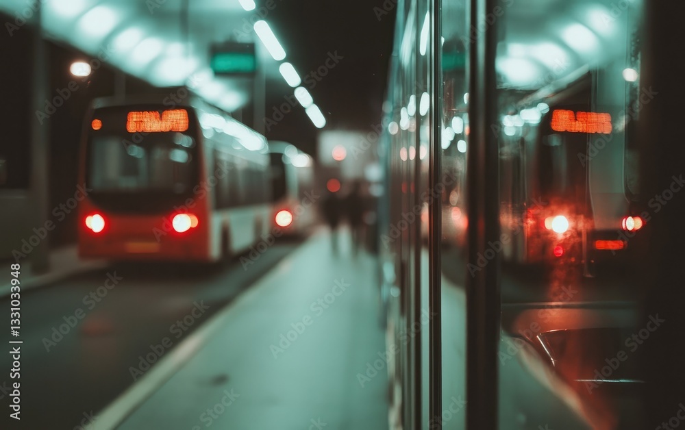 Blurred Night Scene of City Buses at a Transit Station Blurred Night Scene of City Buses at a Transit Station