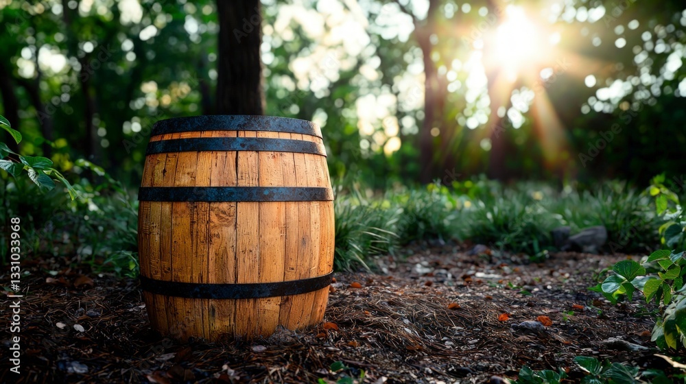 Rustic Wooden Barrel in Sunny Forest Clearing High Resolution Stock Photo Rustic Wooden Barrel in Sunny Forest Clearing High Resolution Stock Photo