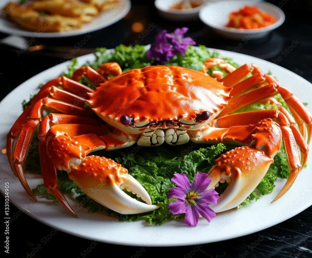 Steamed Red Crab on White Plate with Lettuce and Flowers Steamed Red Crab on White Plate with Lettuce and Flowers