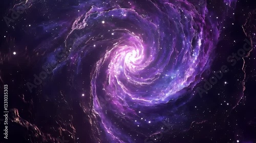 Spiral galaxy with purple and blue nebulae.