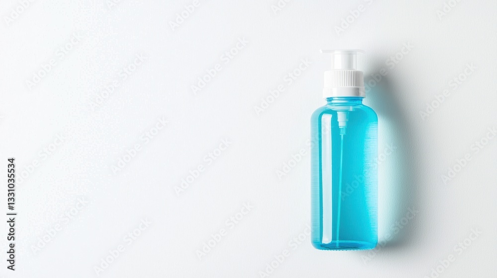 A bottle of disinfectant glowing under soft light, clean white background, ample text space on the left, professional ad composition. A bottle of disinfectant glowing under soft light, clean white background, ample text space on the left, professional ad composition.