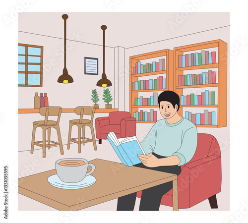 Cozy Cafe Reading Corner Young Man Enjoying a Book with Coffee. young man sitting on a chair in cafe.