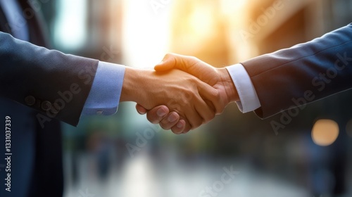 Business leaders shaking hands in a corporate setting, symbolizing strong partnerships, teamwork, and shared success.