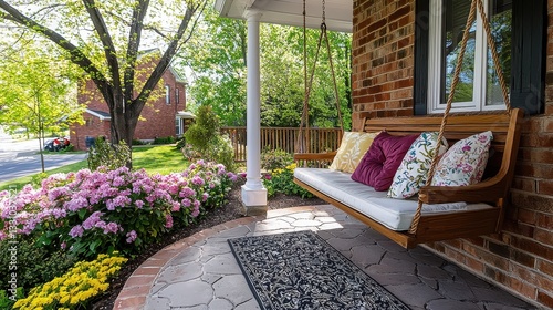Cozy Front Porch with Floral Decorations and Swinging Bench