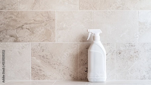 A bottle of all-purpose cleaner on a tiled backsplash, crisp focus, ample text room above, striking ad composition.