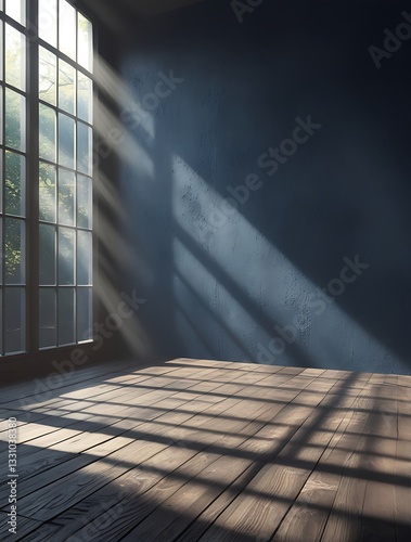 Sunlight streaming through large window panes casting dramatic shadows across a dark textured wall and wooden floor in a minimalist, moody empty room interior
