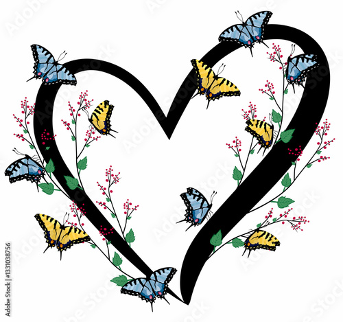 flowering plants with butterflies in a heart