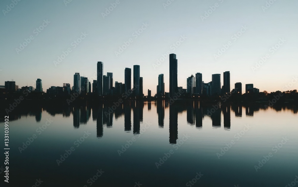 Obraz premium Dark Blue Twilight Cityscape Reflected In Calm Water