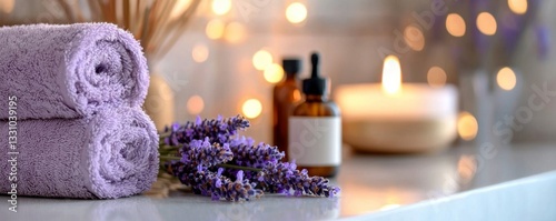 Indulge in a serene aromatherapy bath experience, meticulously crafted to soothe your senses and promote relaxation The inviting setup features fragrant lavender essential oils, known for their