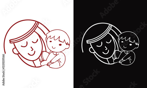Abstract mother with a child in continuous one line drawing art style.Mom holding a new born baby. Lineart family portret. Continuous one line drawing. Vector illustration
