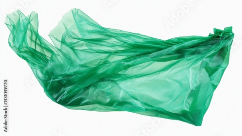 Eye-Catching Green Plastic Bag Floating Gracefully Against a Crisp White Background Perfect for Environmental and Lifestyle Themes