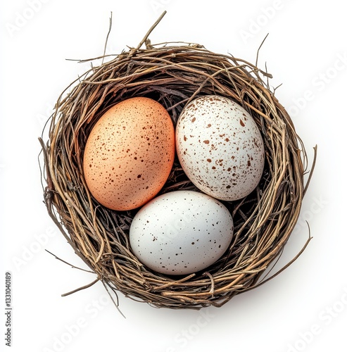 Three Speckled Bird Eggs in Rustic Nest Against White Background