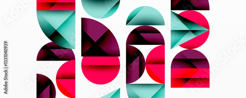Abstract geometric pattern with intersecting circles and triangles in gradients. The high-contrast composition creates depth and a dynamic, modern aesthetic