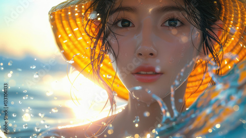 Radiant Woman with Wet Hair and Straw Hat in Sunlit Ocean Waves
