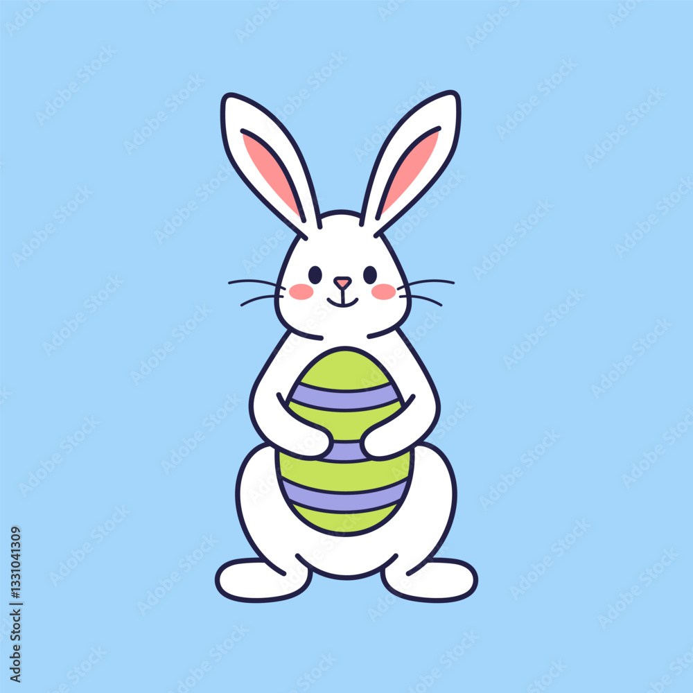 Fototapeta premium Easter character bunny, rabbit, hare holding painted egg. Vector flat design, outline illustration. Easter character icon, mascot, sticker. Greeting card, Happy Easter concept