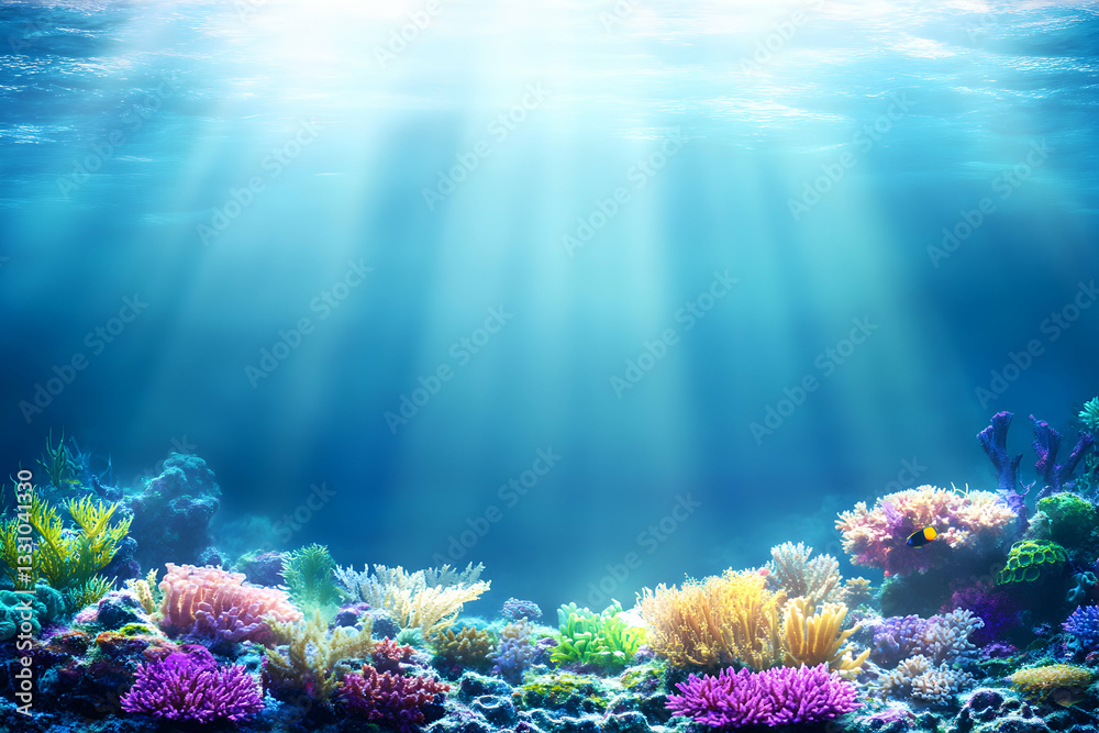 Fototapeta premium Stunning underwater scene showcasing vibrant coral reef flourishing in sunlit ocean depths. Ideal for marine life, nature, and ocean-themed projects.