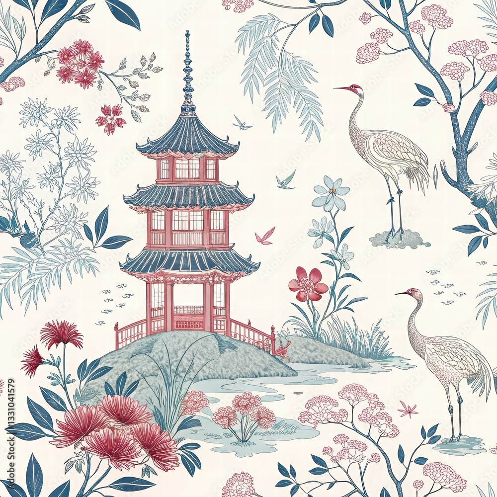 Naklejka premium Serene Traditional Asian Landscape with Pagoda and Crane Motifs