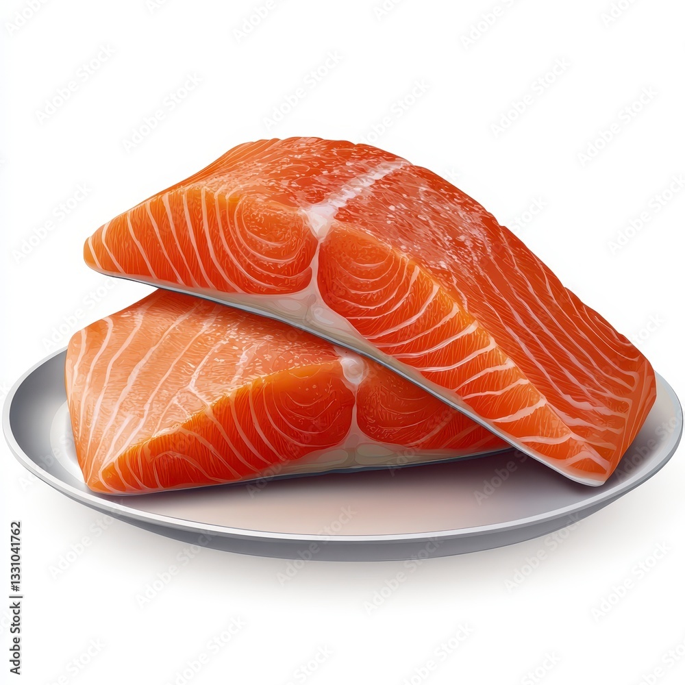 Two Fresh Salmon Fillets on White Plate Two Fresh Salmon Fillets on White Plate