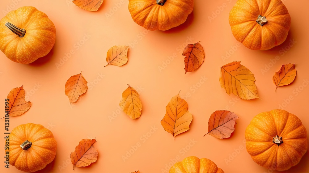 Pumpkin fall pattern with autumn leaves on pastel orange background Pumpkin fall pattern with autumn leaves on pastel orange background