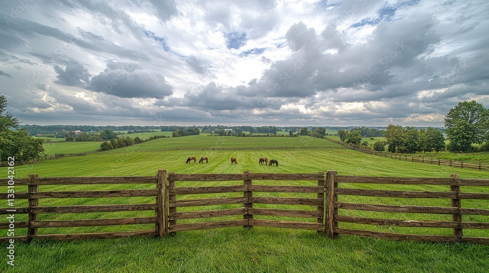 Serene Pastoral Landscape with Horses Grazing Under Cloudy Sky Serene Pastoral Landscape with Horses Grazing Under Cloudy Sky