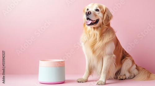 Happy golden retriever beside food container.