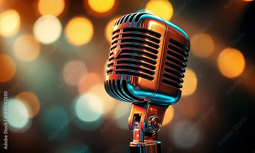 Vintage Microphone on Stage with Warm Lighting