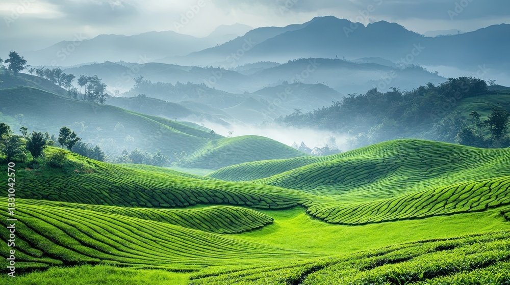 Lush Green Rolling Hills Under Misty Mountains at Dawn Lush Green Rolling Hills Under Misty Mountains at Dawn