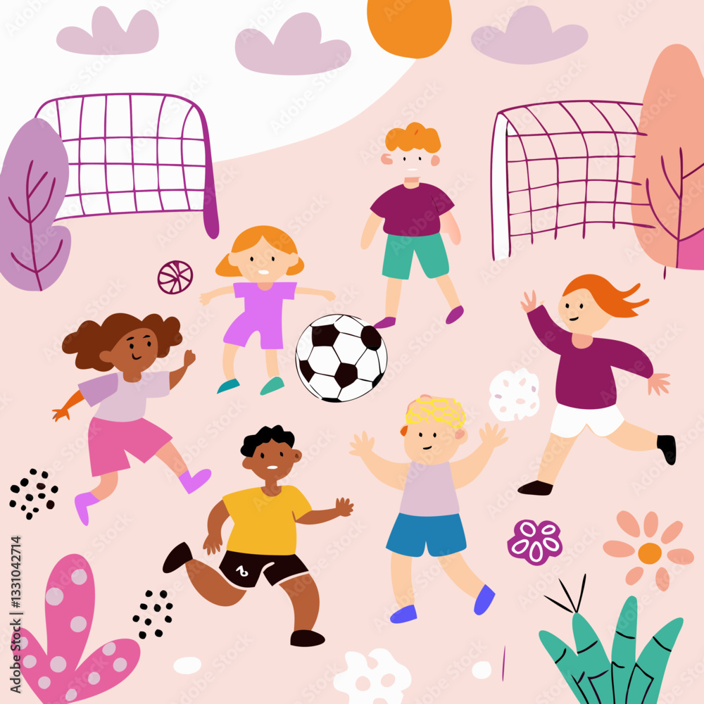 Fototapeta premium Children playing soccer in cheerful mood with colorful playful background