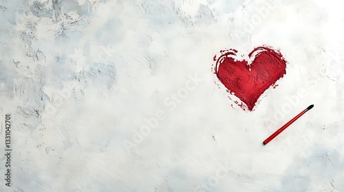 Red Heart Painted on Textured Surface: A Romantic Flat Lay AI Generated
