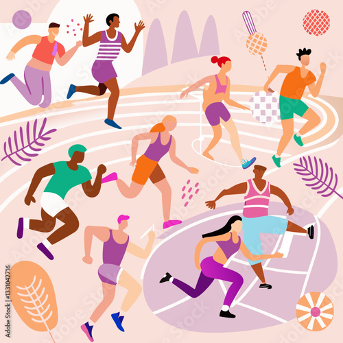 Track and field athletes in energetic mood competing on the track with colorful background