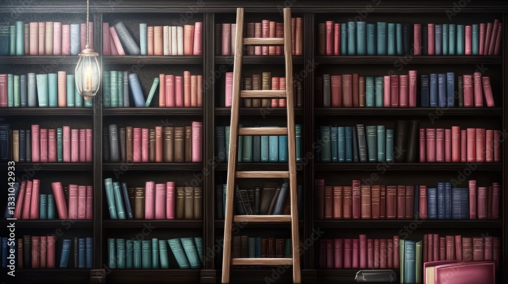 A step ladder positioned near a bookshelf, with books neatly organized and dust-free, showcasing thoroughness A step ladder positioned near a bookshelf, with books neatly organized and dust-free, showcasing thoroughness