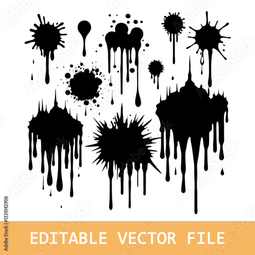 Set of spray paint drips, black blots or ink splatters. Blobs or inky spots with graffiti dirty grunge effect. Brush stains or inkblots with spatters or drops. Vector design elements in street style