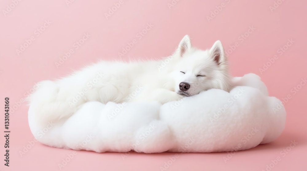 Fototapeta premium Fluffy dog sleeping on a soft bed.